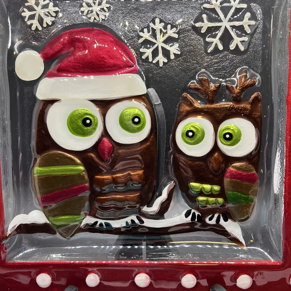 Christmas Platter Reverse Painted Holiday‎ Owls Snowflakes 11.75 X 11.75